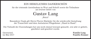 Traueranzeige von Gustav Lang von merkurtz