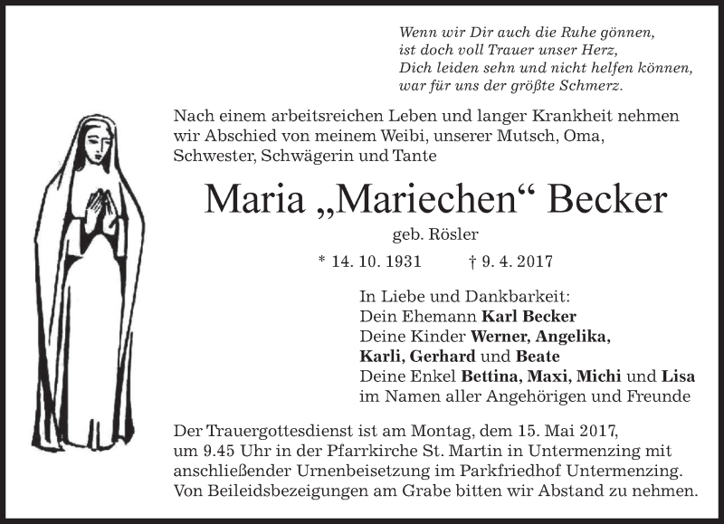  Traueranzeige für Maria  Becker vom 06.05.2017 aus merkurtz
