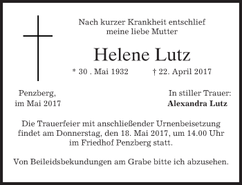 Traueranzeige von Helene Lutz von merkurtz
