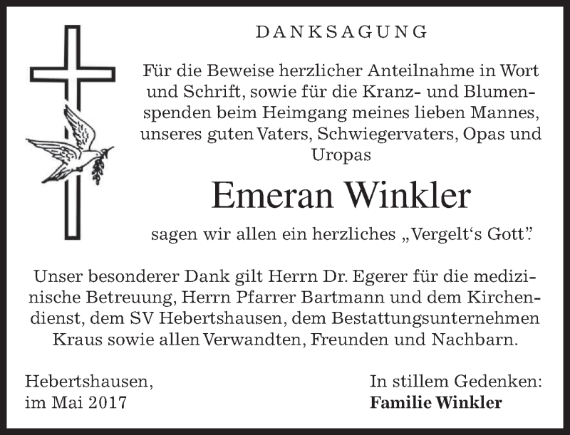  Traueranzeige für Emeran Winkler vom 20.05.2017 aus merkurtz