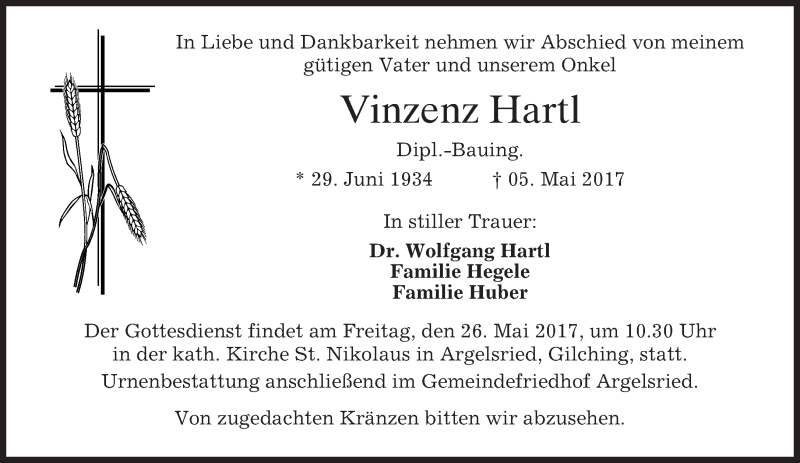  Traueranzeige für Vinzenz Hartl vom 13.05.2017 aus merkurtz