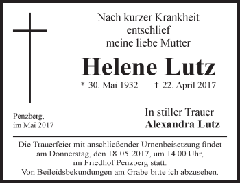 Traueranzeige von Helene Lutz von Das Gelbe Blatt Penzberg
