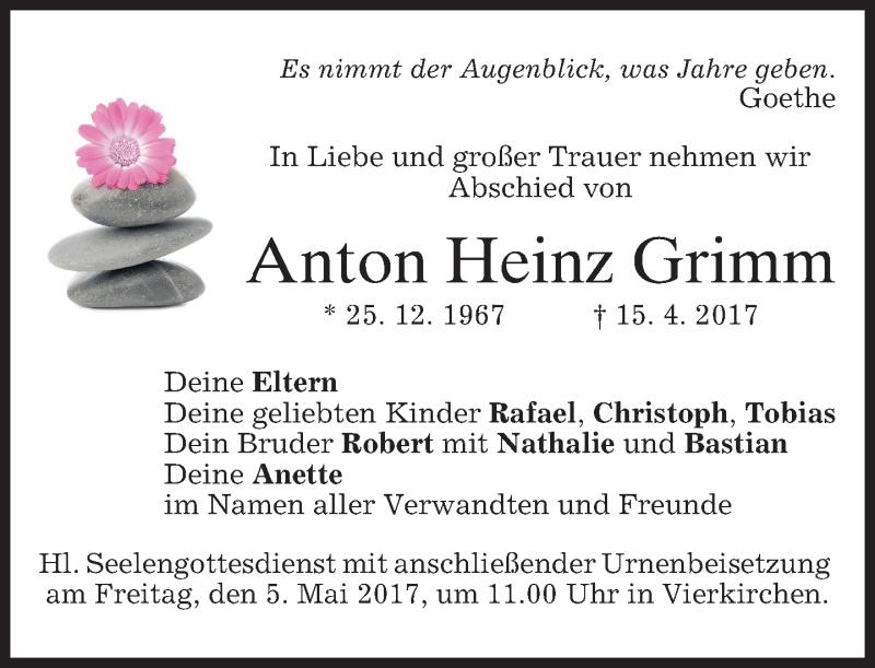  Traueranzeige für Anton Heinz Grimm vom 03.05.2017 aus merkurtz