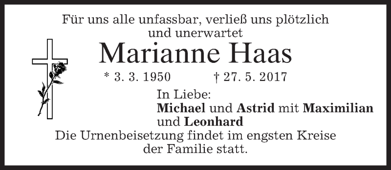  Traueranzeige für Marianne Haas vom 31.05.2017 aus merkurtz