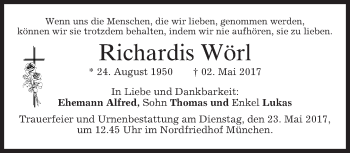 Traueranzeige von Richardis Wörl von merkurtz