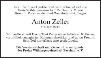 Traueranzeige von Anton Zeller von merkurtz