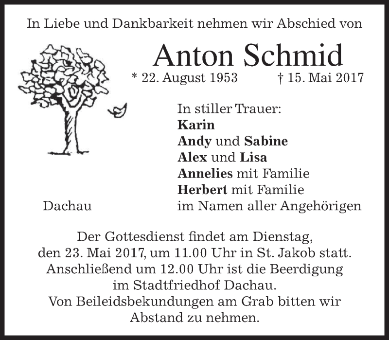 Traueranzeige für Anton Schmid vom 20.05.2017 aus merkurtz
