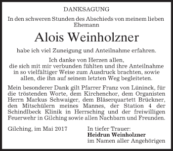 Traueranzeige von Alois Weinholzner von merkurtz