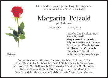 Traueranzeige von Margarita Petzold von merkurtz