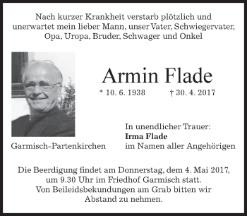 Traueranzeige von Armin Flade von merkurtz