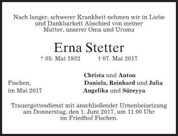 Traueranzeige von Erna Stetter von merkurtz