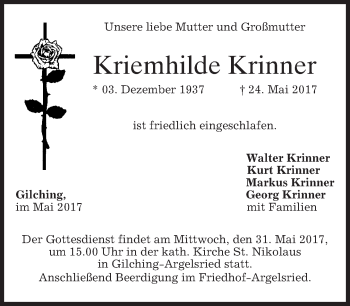 Traueranzeige von Kriemhilde Krinner von merkurtz