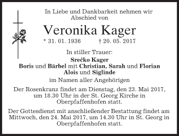 Traueranzeige von Veronika Kager von merkurtz