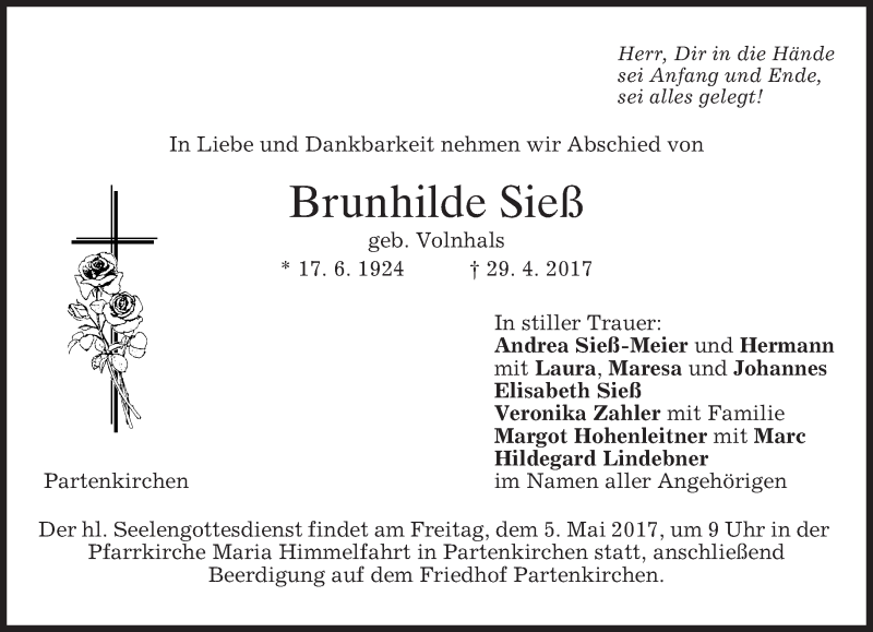  Traueranzeige für Brunhilde Sieß vom 03.05.2017 aus merkurtz