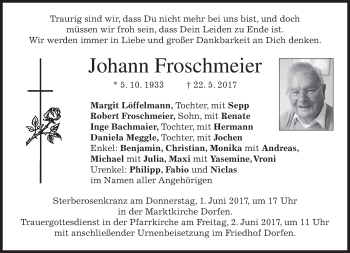 Traueranzeige von Johann Froschmeier von merkurtz