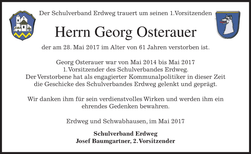  Traueranzeige für Georg Osterauer vom 31.05.2017 aus merkurtz