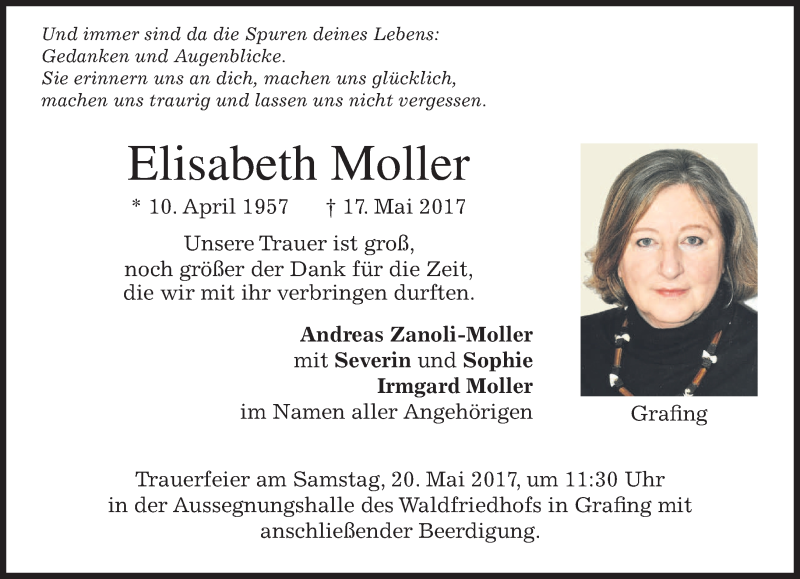  Traueranzeige für Elisabeth Moller vom 18.05.2017 aus merkurtz