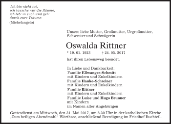Traueranzeige von Oswalda Rittner von merkurtz