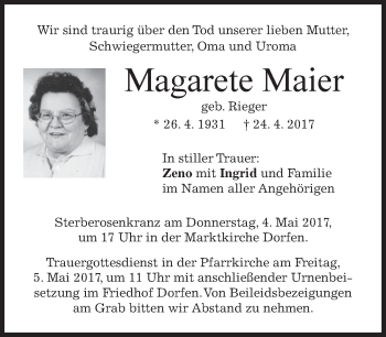 Traueranzeige von Magarete Maier von merkurtz