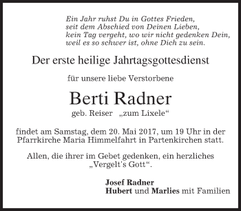 Traueranzeige von Berti Radner von merkurtz