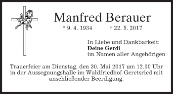 Traueranzeige von Manfred Berauer von merkurtz