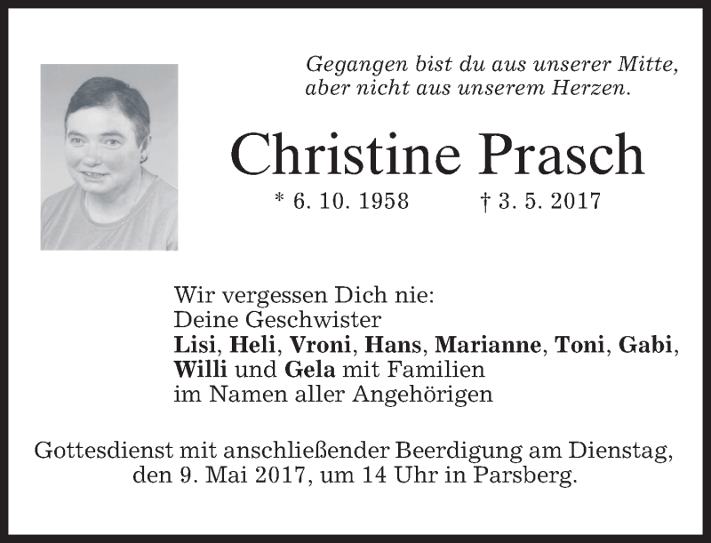  Traueranzeige für Christine Prasch vom 06.05.2017 aus merkurtz