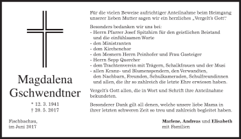 Traueranzeige von Magdalena Gschwendtner von merkurtz