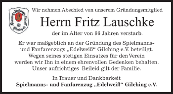 Traueranzeige von Fritz Lauschke von merkurtz