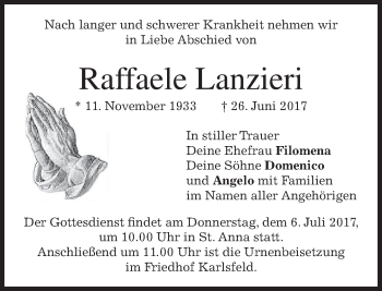 Traueranzeige von Raffaele Lanzieri von merkurtz