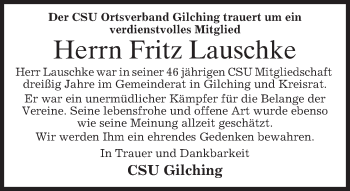 Traueranzeige von Fritz Lauschke von merkurtz