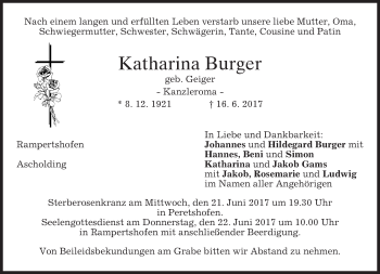 Traueranzeige von Katharina Burger von merkurtz