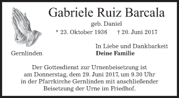 Traueranzeige von Gabriele Ruiz Barcala von merkurtz