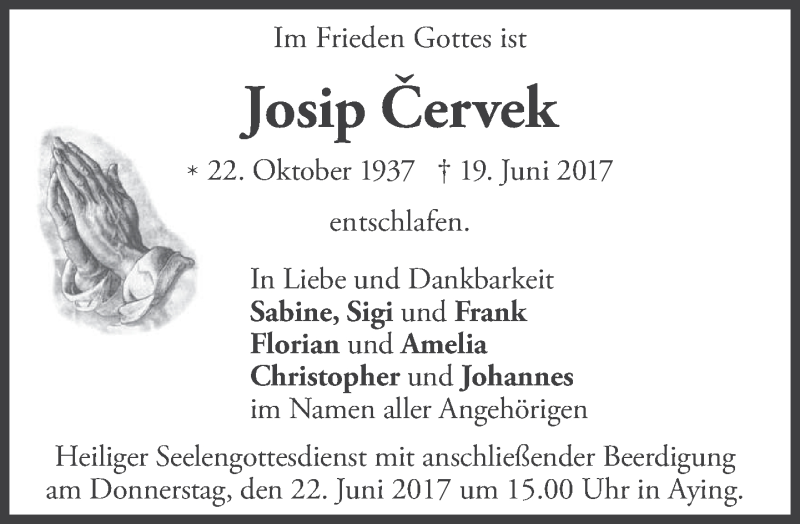  Traueranzeige für Josip Cervek vom 21.06.2017 aus merkurtz