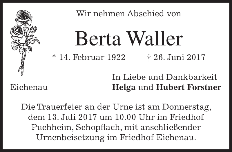  Traueranzeige für Berta Waller vom 01.07.2017 aus merkurtz