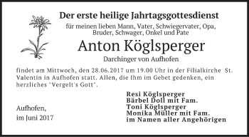 Traueranzeige von Anton Köglsperger von merkurtz