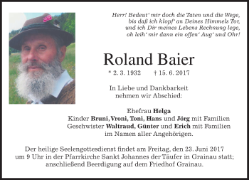 Traueranzeige von Roland Baier von merkurtz