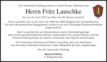 Traueranzeige von Fritz Lauschke von merkurtz