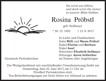 Traueranzeige von Rosina Pröbstl von merkurtz