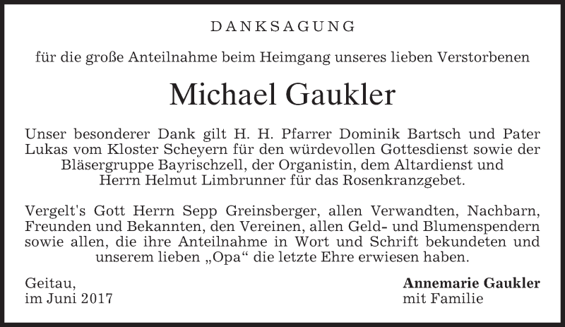  Traueranzeige für Michael Gaukler vom 24.06.2017 aus merkurtz