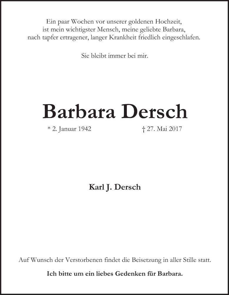  Traueranzeige für Barbara Dersch vom 03.06.2017 aus merkurtz