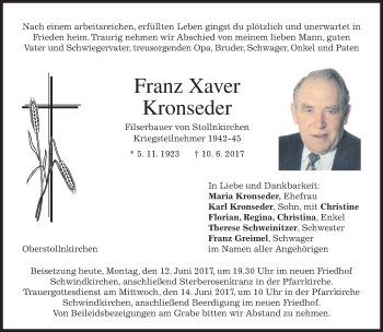 Traueranzeige von Franz Xaver Kronseder von merkurtz