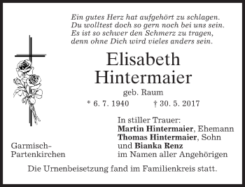 Traueranzeige von Elisabeth Hintermaier von merkurtz