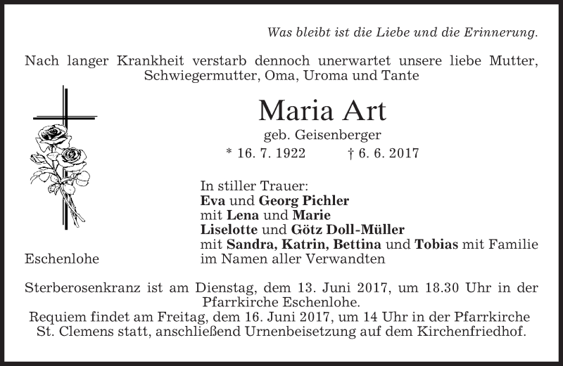  Traueranzeige für Maria Art vom 10.06.2017 aus merkurtz