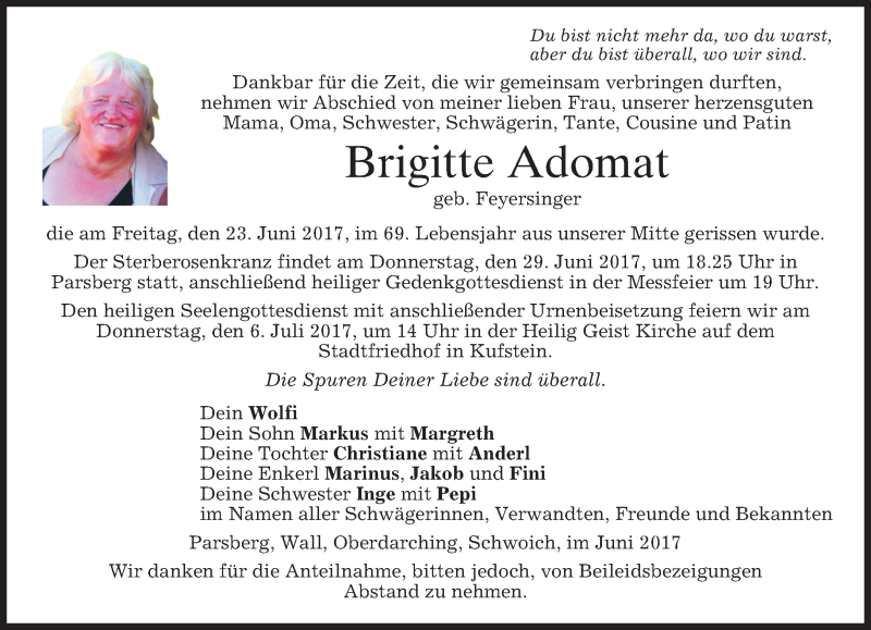  Traueranzeige für Brigitte Adomat vom 28.06.2017 aus merkurtz