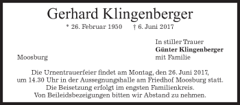 Traueranzeige von Gerhard Klingenberger von merkurtz