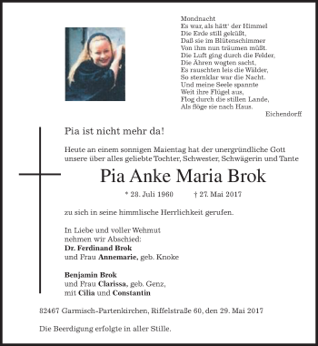 Traueranzeige von Pia Anke Maria Brok von merkurtz