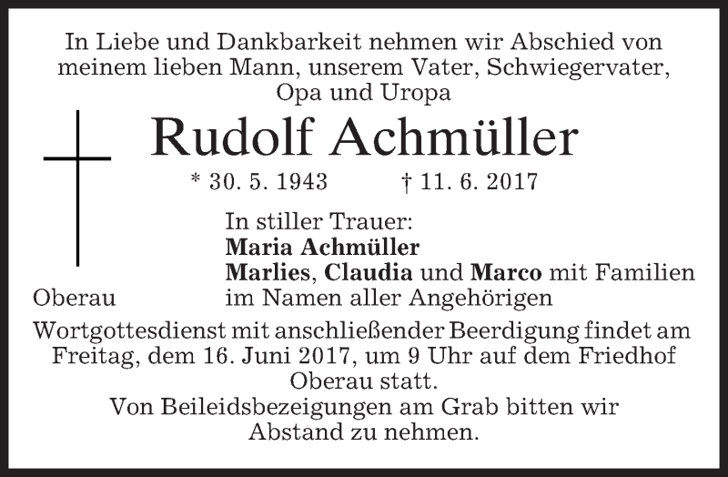  Traueranzeige für Rudolf Achmüller vom 13.06.2017 aus merkurtz