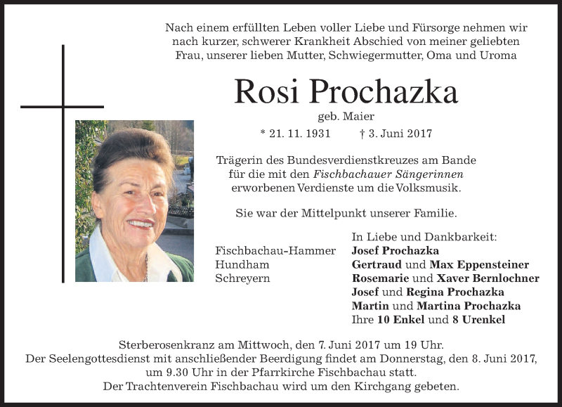  Traueranzeige für Rosi Prochazka vom 06.06.2017 aus merkurtz