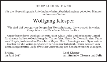 Traueranzeige von Wolfgang Klesper von merkurtz