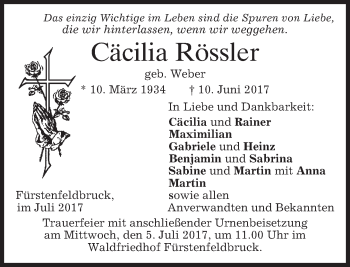 Traueranzeige von Cäcilia Rössler von merkurtz